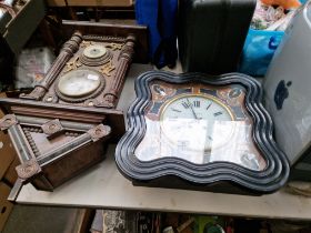 A wall clock and a French (Caen) clock with case. inlaid with mother of pearl