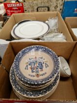 2 boxes including a set of Royal Doulton Byron plates and a set of Johnson Brothers Old Granite