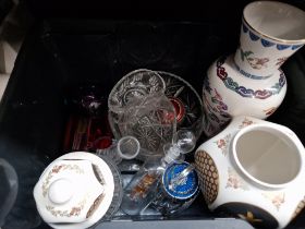 A box containing three pottery vases together with glass bowls