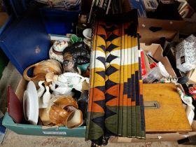 2 boxes containing pottery, graduated jugs, wooden elephant, figurines, wooden box, olive wood