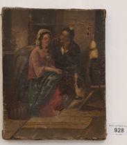 19th century school, oil on canvas, interior scene with young man and woman seated and dog looking