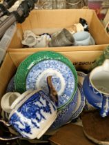2 boxes of miscellaneous pottery including blue and white, pewter half pint mug, old bottle etc