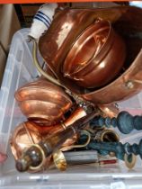 A box of metalware including copper, brass, silver plate, etc.