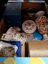A box of assorted items including boxed china, various manufacturers including Capodimonte, Royal