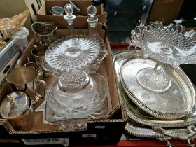 A box of assorted silver plated ware and glass.