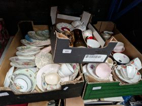 Three boxes of mixed tea wares including Shelley, Crown Devon, Crown Royal, Winston....