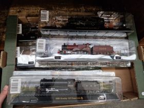 6 model railway engines on plinths in original packaging - each plinth is approx 38cm long