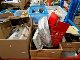 Two crates and a box of various items including two glass art deco marbled lampshades, metal ware