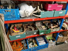 Twelve boxes of assorted items including metalware, pottery, old bottles, light fitting, power