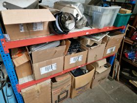 Twelve boxes of misc, Electrical industrial lighting items, Hi-FI separates etc