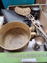 A box of metalware including kitchen scales with brass bell weights, pair of brass candlesticks,