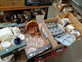 Four boxes of mainly pottery and glass, also including some treen and kitchenalia, goebel figure