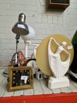 Two art deco table lamps, an Anglepoise lamp and two small clocks
