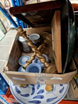 A box of mixed items including platter, wooden candlesticks, blue and white, 2 breakfast trays,