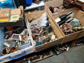 Four boxes of assorted items including a box of empty cigar boxes, metal ware, pottery teapot, brass