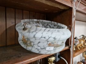 A vintage Art Deco marbled glass ceiling light shade with chinoiserie decoration, 14" diameter.