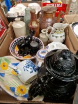 A box of various stoneware and ceramics including a Nottingham salt glazed coffee pot, Hackwood