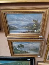 20th century school, acrylic on board, pair of landscapes, unsigned, gilt frames.