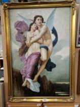 A painting of two angels, oil on canvas, 59.5cm x 90cm, unsigned, gilt frame.