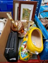 A mixed lot including a pair of wooden Dutch clogs, two prints, copper kettle, telephone and a set