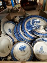 A box of Real Old Willow blue and white pottery