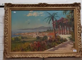 20th century school, oil on canvas, Mediterranean landscape scene, 75.5cm x 49.5cm, indistinctly