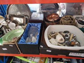 A mixed lot comprising 2 boxes of silver plate, china, brassware, boxed cut glass decanter, silver