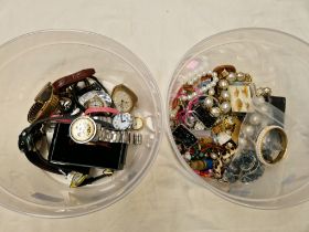 Tub of watches and tub of costume jewellery