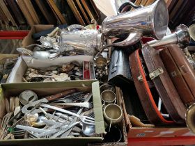 A box of cutlery, metal ware, post office scales with weights, plated cutlery, Elkington plate etc