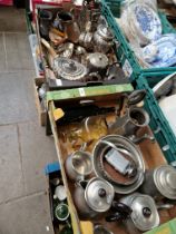 Two boxes of metal wares including pewter coffee pots, teapots, plated ware, brass ashtray, copper