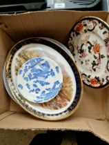 A box of decorative plates including Weatherby Hanley falcon ware, Mason's, Coalport, Ironstone,