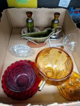 A box of assorted items including a pair of Art Deco chrome and plastic candlesticks, Babycham etc.