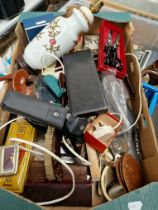 A box of assorted collectables to include draughtsman set, pinking shears, vintage microphone,