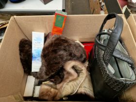 A box with a Barometer, Brass bucket and kettle, a Pin-It skirt marker, bead necklaces opera glasses