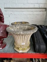 A pair of stone garden urns, marked gothic vase & signed AJH