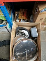 Two boxes of kitchenalia and a wall clock