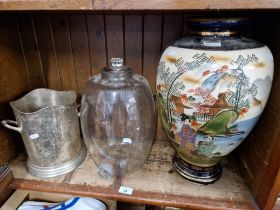 A plated Louis Roeder Champagne ice bucket, a large Oriental vase and a glass pharmacy dispensing