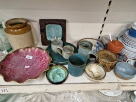 Appx 16 pieces of studio ware and stone wares including mugs, storage jar, mortar and pestle,