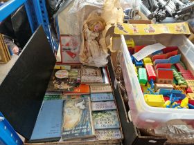 Two boxes of toys, games and children's literature, including a Mettoy train set, German wooden