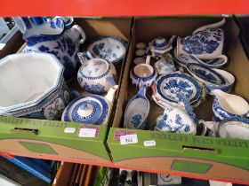 2 boxes of blue and white pottery including Real Old Willow