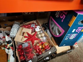 3 boxes of miscellaneous to include china, Christmas decorations, a pair of of light shades and a
