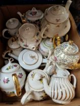 A box of teapots including Meakin, Foley, Arthur Wood, Adderley, Windsor Pretty....