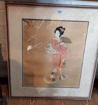 Japanese painting on silk depicting a Geisha woman, framed and glazed, 48cm x 56cm overall.