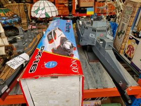 A large wooden battleship model, a boxed radio controlled Mosquito boat (spares and repairs only),