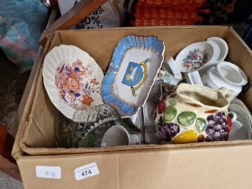 A box of studio pottery & a Preston Guild 1972 plate.