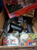 A mixed lot including costume jewellery, watches, riding crop, camera lenses, jigsaws, etc.