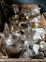 A box of silver plated items including a Victorian Aesthetic Movement tea service.