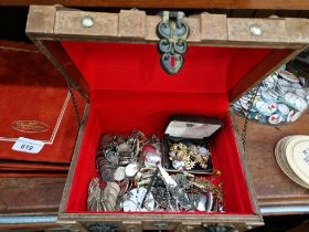 A wooden box containing costume jewellery, watches, coin bracelets, etc.