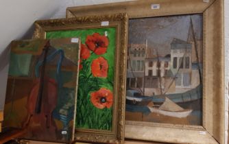 Three original works; a harbour scene, oil on board, a still life of flowers, oil on board and a