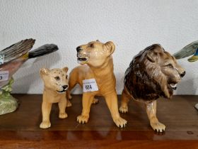 Beswick lion family with lion 23cm, lioness L22cm and a Beswick lion cub L17cm